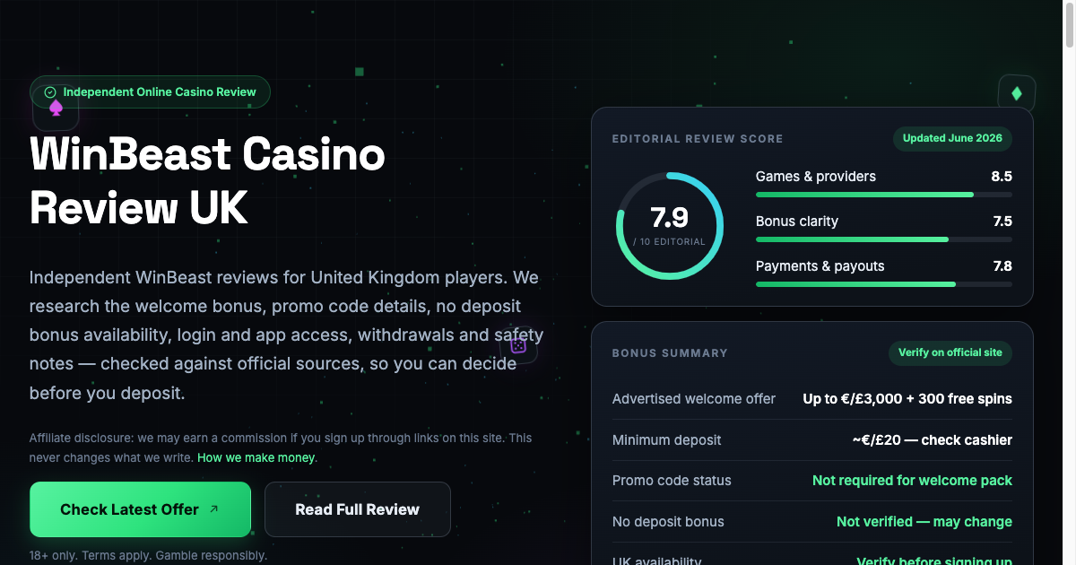 Screenshot of the WinBeast Reviews UK homepage header, shown beside the WinBeast table games section